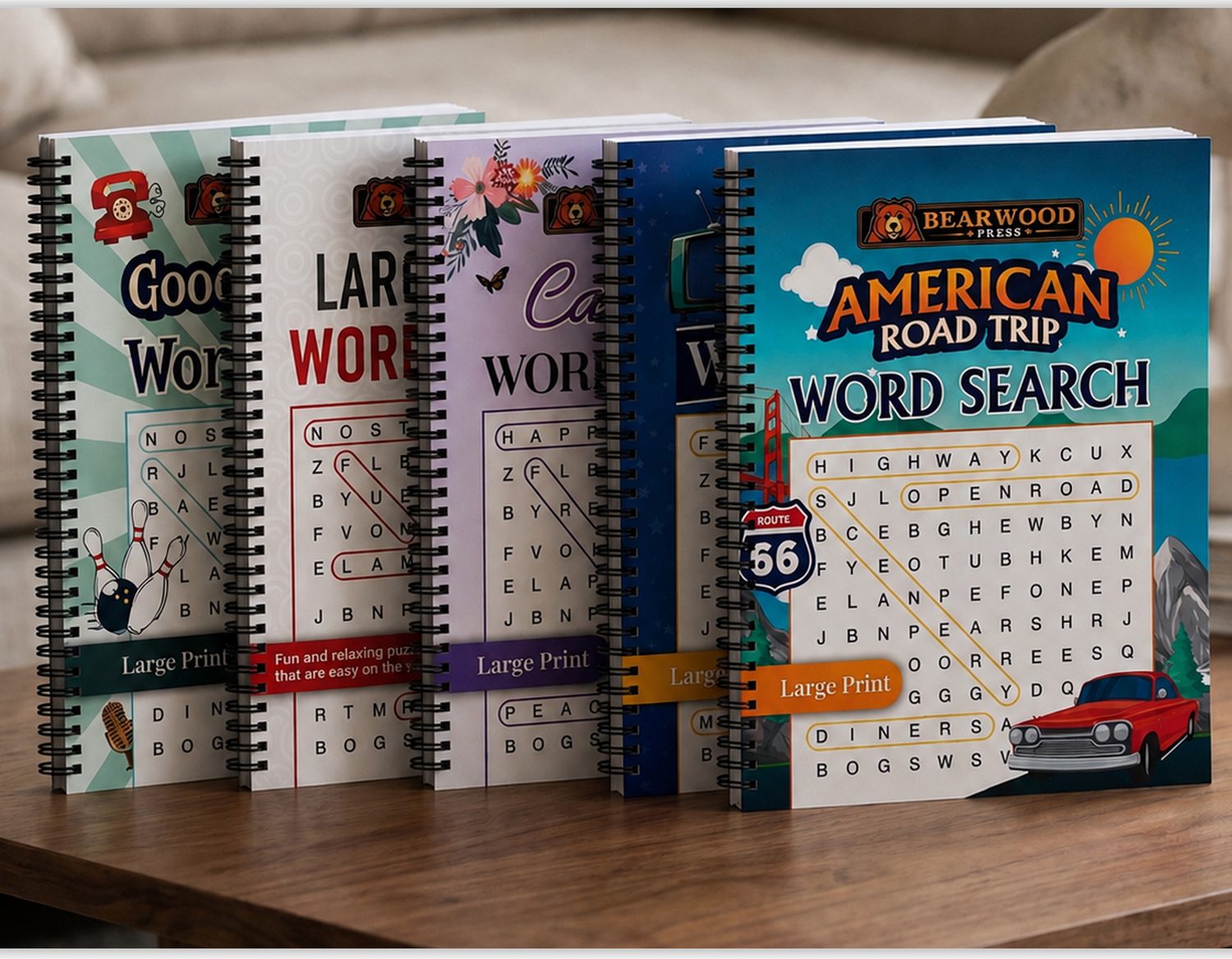 The five Bearwood Press word search books displayed together