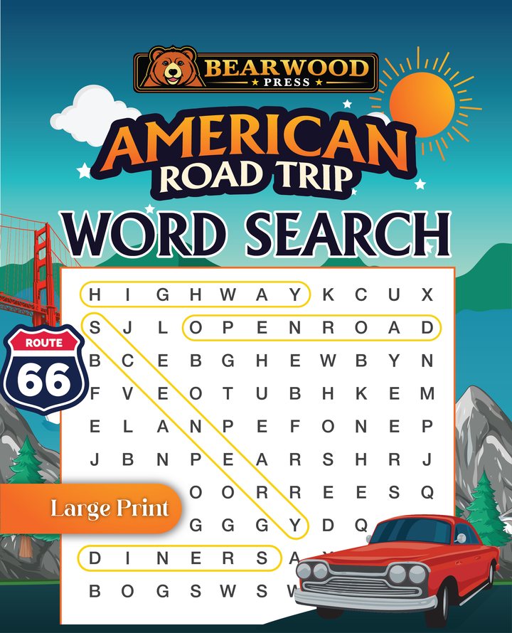 Cover of American Road Trip Word Search, a spiral-bound large-print puzzle book from Bearwood Press.