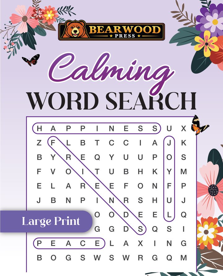 Cover of Calming Word Search, a spiral-bound large-print puzzle book from Bearwood Press.
