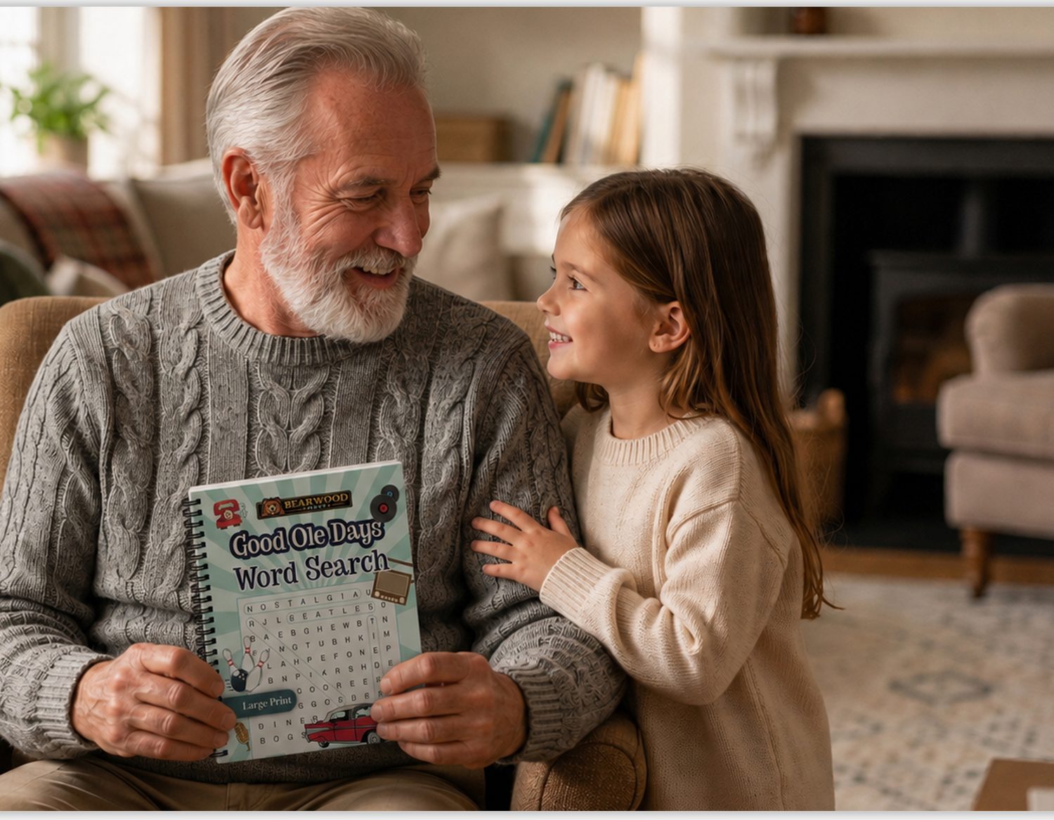 A grandfather and granddaughter enjoying a Bearwood Press word search book together