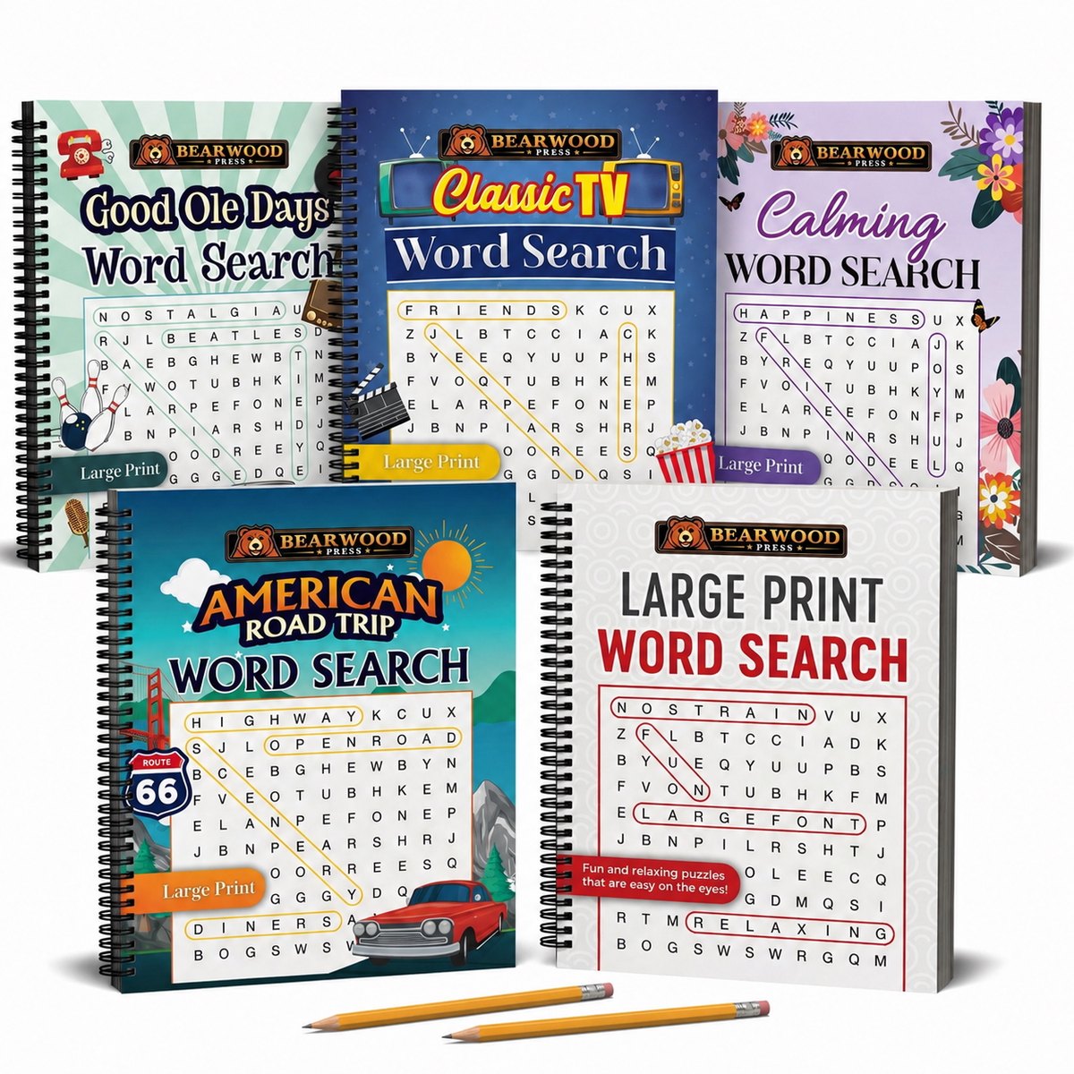 The complete five-book Bearwood Press word search collection with two pencils
